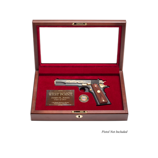 West Point Class Pistol Custom Display Case with beveled glass top open