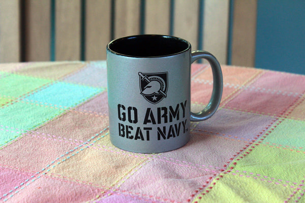 Go Army!  Beat Navy! coffee mug in silver and black